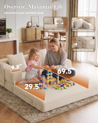 61" 5-in-1 Boneless Futon Sofa Bed, Corduroy, Washable Cover, No Assembly