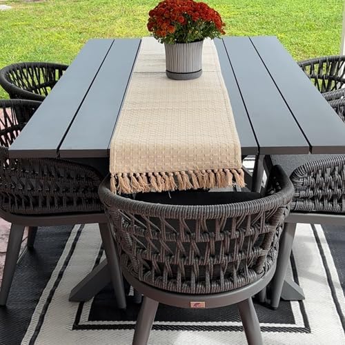PURPLE LEAF Outdoor Table and Chairs for 6 Rattan Aluminum Long Table Grey