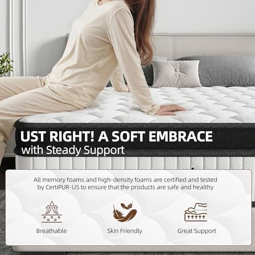 Queen Size Mattress, 14 Inch Hybrid Medium Firm Feel, Individually Wrapped Coils for Motion Isolation & Cool Memory Foam, White, CertiPUR-US Certified (14 Queen)