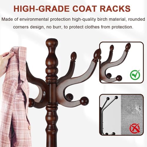 Coat Racks Freestanding, Natural Wood Coat Stands with 14 Hooks, 75" Heavy Duty Adjustable Height Vintage Hall Tree for Entryway, Bedroom, Office, Easy Assembly (Triangular Dark Brown)