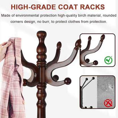 Coat Racks Freestanding, Natural Wood Coat Stands with 14 Hooks, 75" Heavy Duty Adjustable Height Vintage Hall Tree for Entryway, Bedroom, Office, Easy Assembly (Triangular Dark Brown)