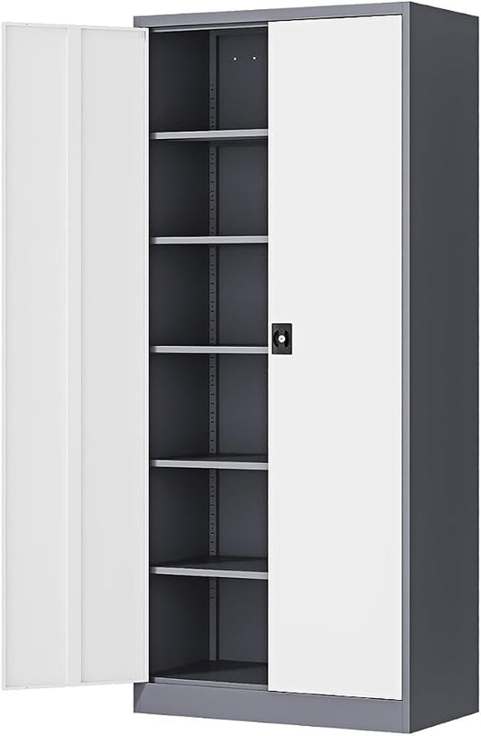 Fesbos Metal Storage Cabinet-71” Tall Steel File Cabinets with Lockable Doors and Adjustable Shelves-Gray&White Steel Storage Cabinet for Home,Kitchen, School, Office, Garage