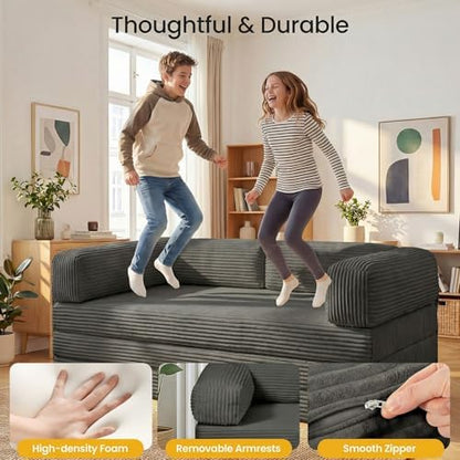 Futon Sofa Bed, Convertible Tri-Folding Mattress Foldable with Removable Armrests & Washable Cover, Boneless Sleeper Couch Bed with High-Density Foam, Full, Grey