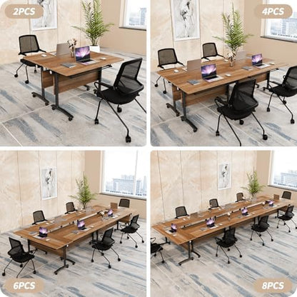 Folding Conference Table, Conference Room Tables with Wheels Foldable Large Rectangle Meeting Seminar Table for 6-12 People, Flip Top Mobile Training Table for Office Classr (4, Walnut 3, 55.1in)