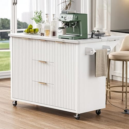 Merax 55.5" Fluted Kitchen Island with Drop Leaf, Power Outlet,Kitchen Grill Cart Island with Storage-6 Door Shelves,Adjustable Shelves,Faux Marble Top,Curved Edge for Kitchen,White