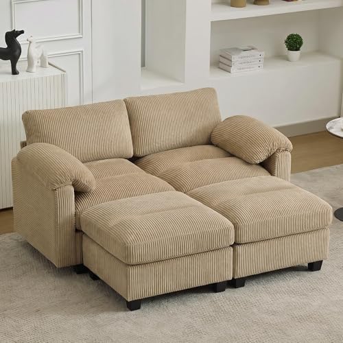 Modular Sectional Sofa, 61'' Corduroy Deep Seat Couch with 2 Ottoman, Camel