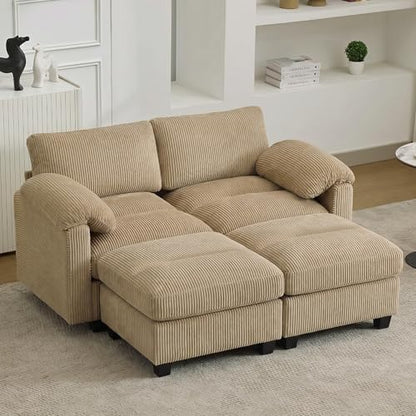 Modular Sectional Sofa, 61'' Corduroy Deep Seat Couch with 2 Ottoman, Camel