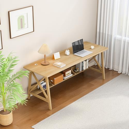 NELYE Extra Long Writing Desk with Bookshelf, 55" Wx20 Dx30 H, Oak