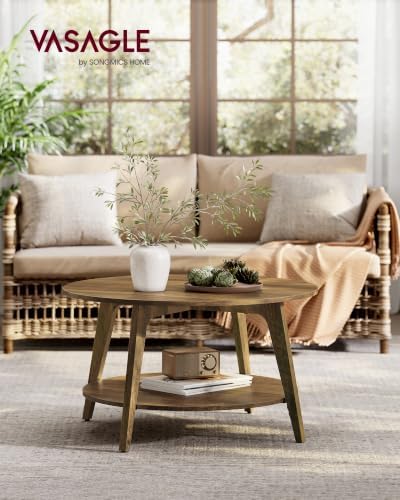 VASAGLE Round Coffee Table, 2-Tier Center Table with Storage, Tapered Legs