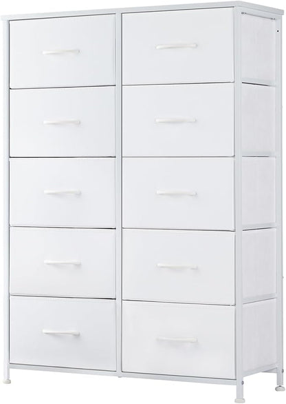 DUMOS 10 Drawer Dresser for Bedroom, Storage Organizer Chest of Drawers | Wide Fabric Closet Organizer Tower Furniture with Wooden Top Metal Frame, Dorm, White