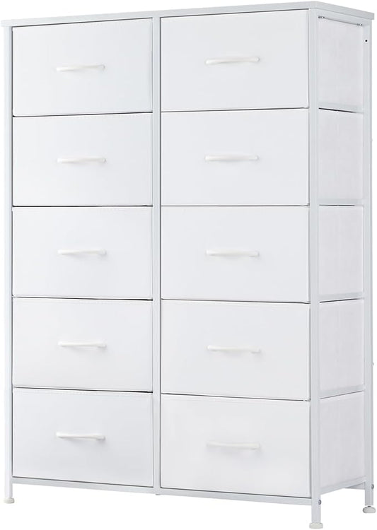 DUMOS 10 Drawer Dresser for Bedroom, Storage Organizer Chest of Drawers | Wide Fabric Closet Organizer Tower Furniture with Wooden Top Metal Frame, Dorm, White