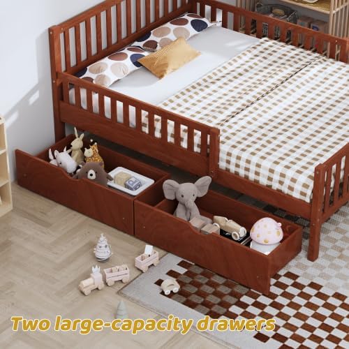 Bellemave Kids Full Bed Frame with Fences and 2 Drawers, Full Size Wooden Platform Bed with Guardrails on Both Sides for Boys Girls, Walnut