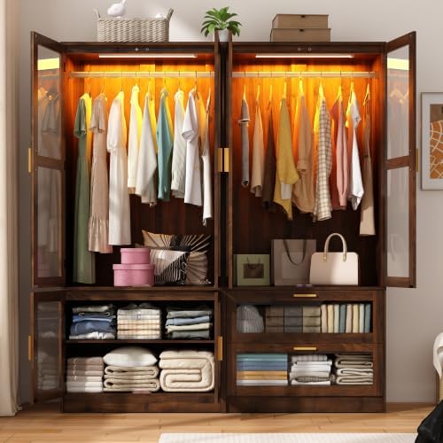 Armoire Wardrobe Closet with Sensor LED Light and Mirror（3 Doors Walnut）