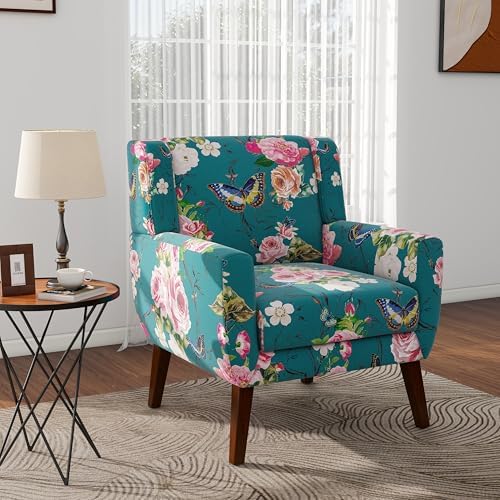 Mid Century Modern Button Tufted Blue Patterned Set of 2 Accent Armchair