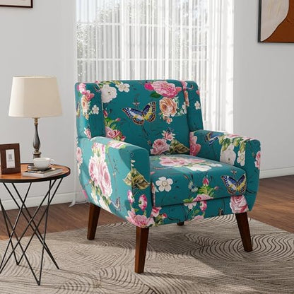 Mid Century Modern Button Tufted Blue Patterned Set of 2 Accent Armchair