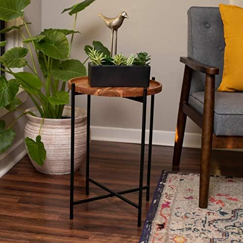 BIRDROCK HOME Folding Side Table with Removable Wood Tray Top - 16” Small Round End Table for Living Room, Bedroom, Small Spaces - Portable Serving Tray for Decor, Drinks, Food (Natural Acacia)