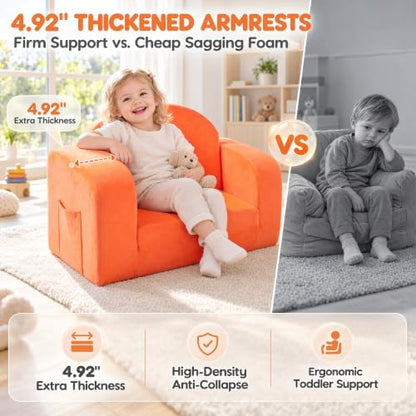 Kids Couch 2-in-1 Foldable kids sofa, Thick Foam & Extra Large, Orange
