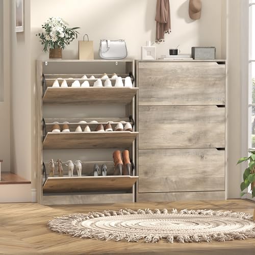 Wodeer Narrow Shoe Cabinet for Entryway, Slim Shoe Storage Cabinet with 3 Flip Drawers, Hidden Wood Shoe Cabinet Storage, Freestanding Shoe Rack Organizer Foyer, Hallway, Grey
