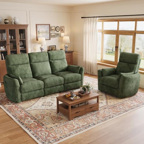LINSY Modular 3-Seater Recliner Sofa with Matching Recliner Chair, Manual Corduroy Living Room Set with Flip-Down Console, Cup Holders & USB Ports, Theater Couch for Living Room, Game Room (Green)