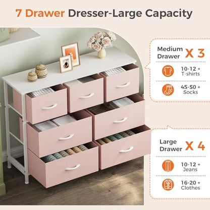 Sweetcrispy 7 Drawer Dresser for Bedroom Storage with Fabric Bins, Pink