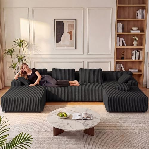 LAUSAINT HOME 132" Modular Sectional Sofa Couches, U-Shaped Boneless Cloud Sofa with 4 Deep Seat, 6 Cushiones Oversized Chaise for Living Room, Bedroom, Plush Corduroy Fabric (U Shaped Sofa, Black)