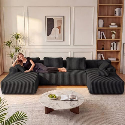 LAUSAINT HOME 132" Modular Sectional Sofa Couches, U-Shaped Boneless Cloud Sofa with 4 Deep Seat, 6 Cushiones Oversized Chaise for Living Room, Bedroom, Plush Corduroy Fabric (U Shaped Sofa, Black)