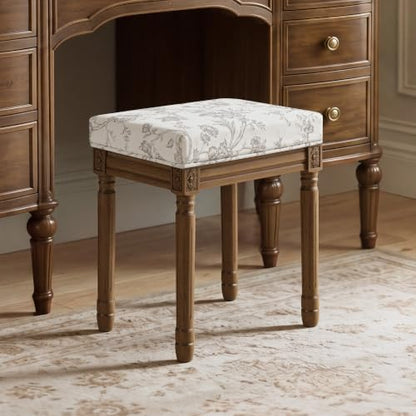 LUE BONA Vintage French Vanity Bench Stool, Upholstered Floral Makeup Chair
