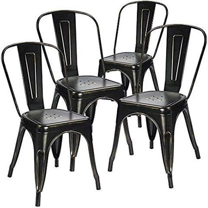 Devoko Metal Indoor-Outdoor Chairs Distressed Style Kitchen Dining Chairs Stackable Side Chairs with Back Set of 4 (Black Gold)