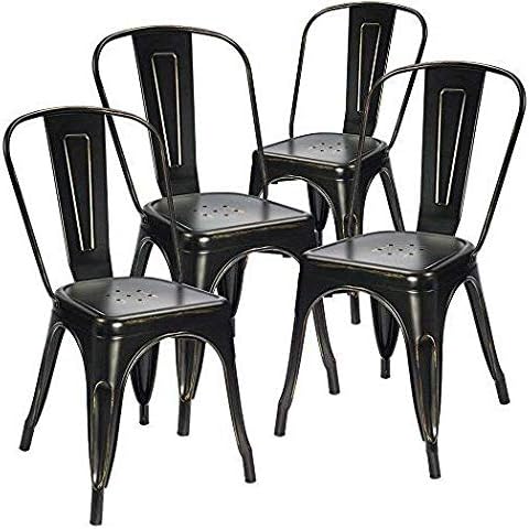Devoko Metal Indoor-Outdoor Chairs Distressed Style Kitchen Dining Chairs Stackable Side Chairs with Back Set of 4 (Black Gold)