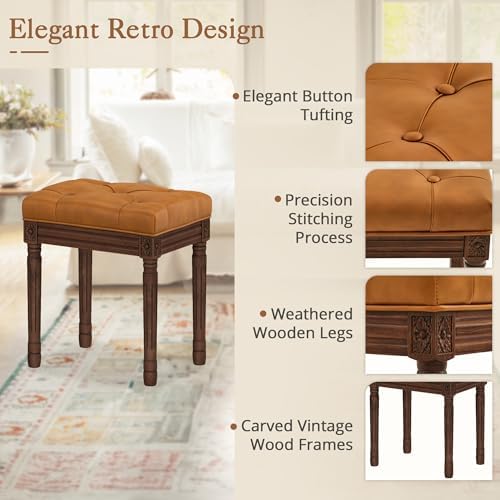 LUE BONA Upholstered Fabric Vanity Bench Seat, Makeup Stools for Vanity, Square Tufted Ottoman Bench with Carved Dark Brown Color Legs for Bedroom Living Room, Whiskey Brown