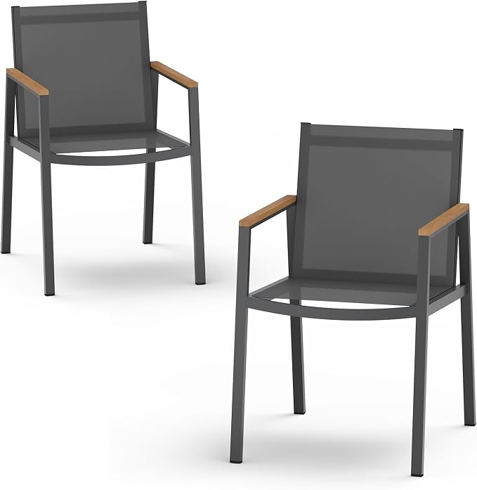 Outdoor Dining Chairs Set of 2, Aluminum Patio Armchairs, All Weather Patio Dining Furniture for Backyard, Deck, Poolside (Gray-Teak)