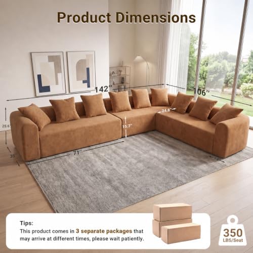 Claiks 142" Cloud Boneless Couch, L-Shape Right Chaise, Brown
