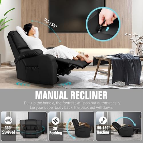 LAFWELL Rocking Recliner Chair, Massage Rocker Recliner Chair with Vibration Massage and Heat, USB and Type-C Ports,360° Swivel Faux Leather Chairs, Living Room, Bedroom, Nursery, RV, Black