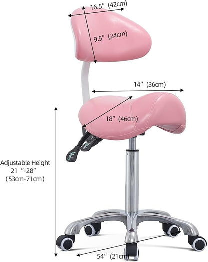 Antlu Saddle Stool Rolling Chair with Back Support,Esthetician Tattoo Dental Lash Chairs for Eyelash Tech Massage Salon(Pink,with Backrest)