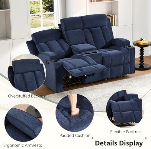 HAOMARKETS 2-Piece Manual Recliner Sofa Set, Included Single Recliner Chair and Loveseat Couch with Hidden Storage, Overstuffed Fabric Reclining Couches with Cup Holders for Living Room, Blue