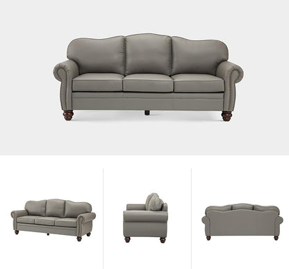 81" Genuine Leather Sofa, Classic 3-Seater Couchs with Wood Legs, Stylish & Comfortable Sofa for Living Room or Office, Easy Assembly and Maintain & Long-Lasting, Grey
