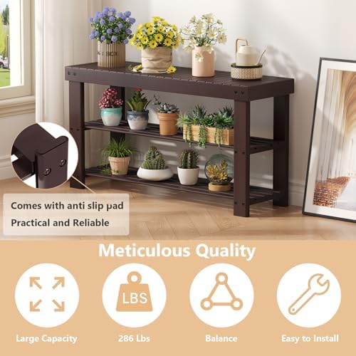 NEWBULIG Shoe Rack Bench, 3-Tier Bamboo Organizer, 11x36x18in, Brown