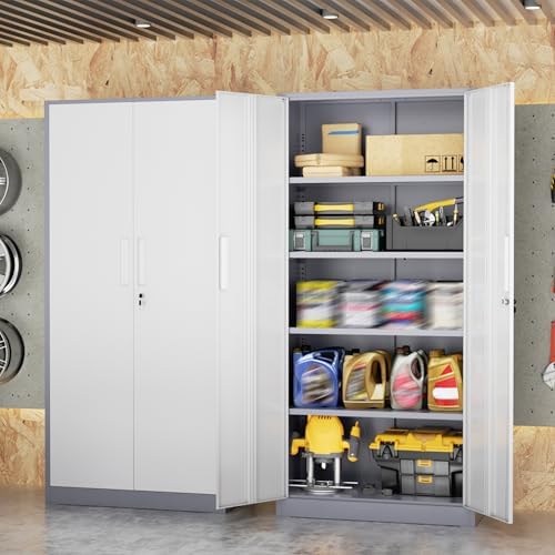 SUNCROWN 72" Metal Storage Cabinet - Heavy-Duty Metal Garage Cabinet with 4 Adjustable Shelves & 2 Doors for Tools, Office, Home, Workshop,Grey & White-Small