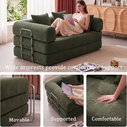 Futon Sofa Bed Modular Loveseat Sleeper Folding Pull Out Couch with Pillows, No Assembly Required Boneless Couch for Living Room Bedroom Guest Room (Green, 59.06" Loveseat Sofa)