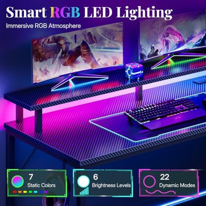 59" Reversible Gaming Desk with LED Lights Power Outlets