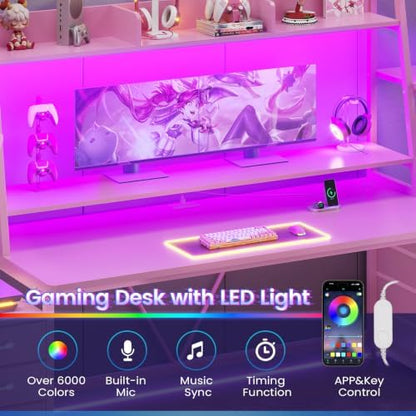 SEDETA 79'' Gaming Desk with LED Lights,8 Drawers and Storage Shelves, Pink