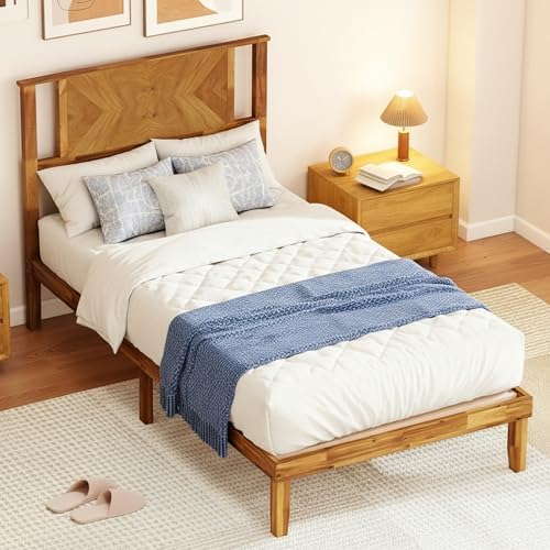 KOMFOTT Twin Size Wood Bed Frame with Headboard, Solid Acacia Wood Platform Bed Frame, Wooden Slats Supported Bed Base with Under-Bed Storage Space, No Box Spring Needed Mattress Foundation