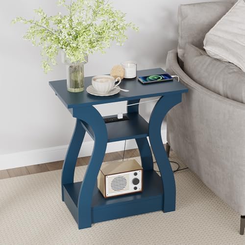 End Tables Living Room, End Table with Charging Station Navy Blue