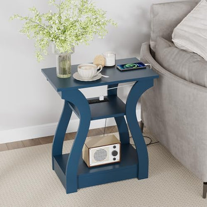 End Tables Living Room, End Table with Charging Station Navy Blue