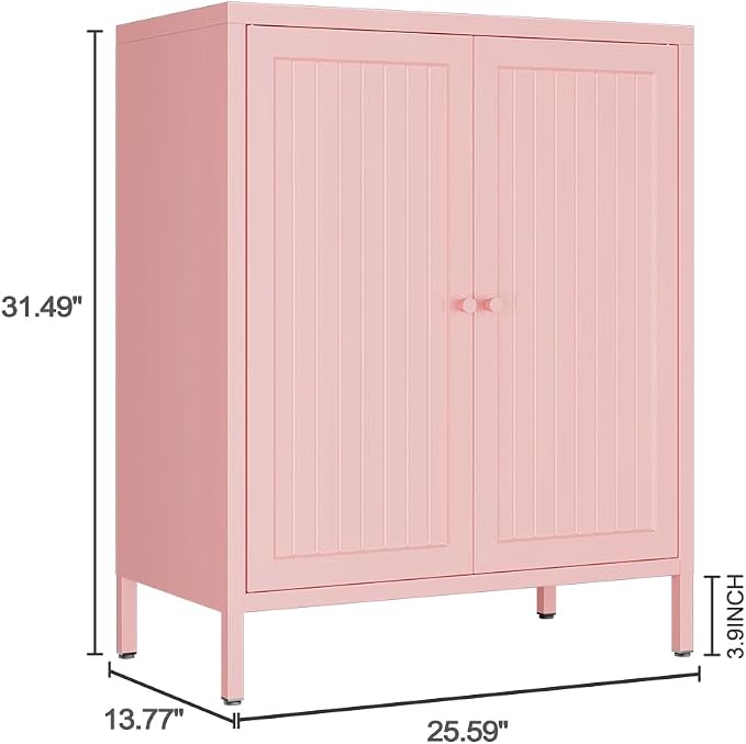 Metal Accent Storage Cabinet for Home,LivingRoom, Office,Kitchen- Metal Locker Cabinet with 1 Adjustable Shelves-Bathroom Floor Storage Cabinet Freestanding Organizer(Stripe Door, Pink)