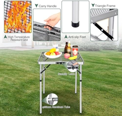 REDCAMP 24" Square Folding Grill Table for Outside, Lightweight Portable Metal Aluminum Outdoor Grill Table with Adjustable Height Legs, Great for Camping Picnic Cooking BBQ, Silver 2ft