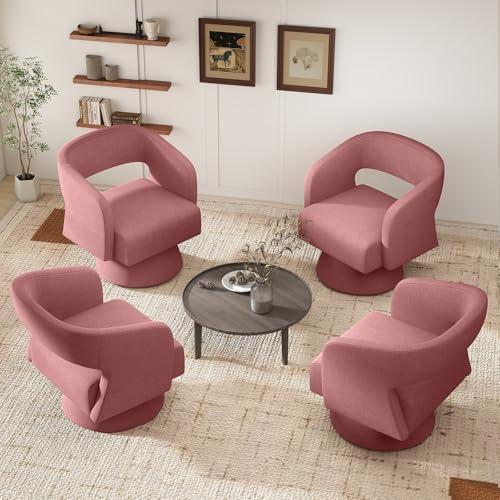 Nebuaegis Swivel Accent Chair Set of 4, Modern Comfy Teddy Barrel Chairs, Oversized Upholstered Round Arm Chair for Living Room, Bedroom, Reading Room, Dark Pink