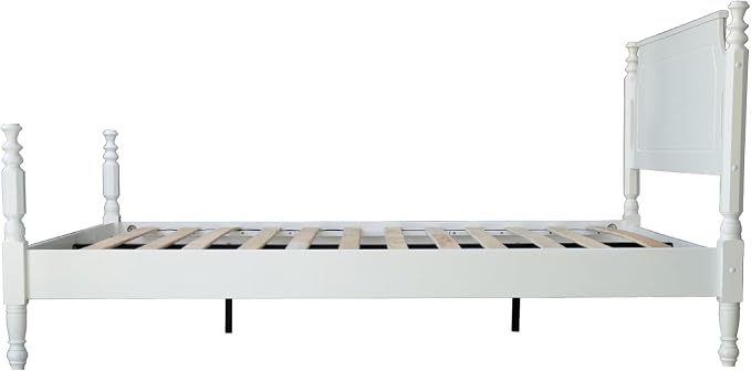 Solid Wood Queen Size Platform Frame, Headboard & Footboard, No Box Spring Needed, 12 Wooden Slats, Center Metal Legs, Slip-Free, Simple Assembly, Under Bed Storage, Pure White Finish, ROQ-39