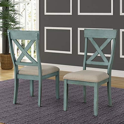 Roundhill Furniture Prato Wood Cross Back Upholstered Dining Chairs, Set of 2, Antique Blue and Tan