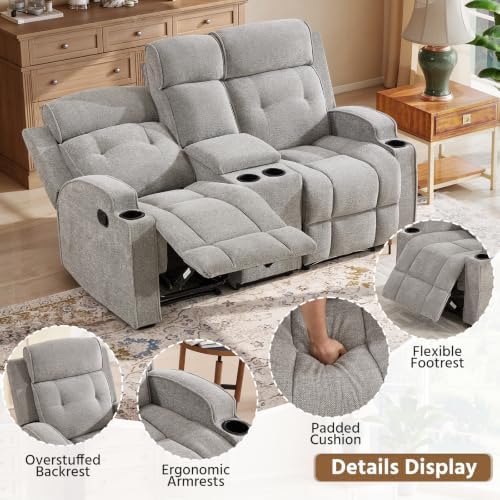 HAOMARKETS 2-Piece Manual Recliner Loveseat Sofa Set, Breathable Fabirc2-Seater Set of 2 for Adults, Overstuffed Reclining Couches with Cup Holders and Center Console for Living Room, Light Grey